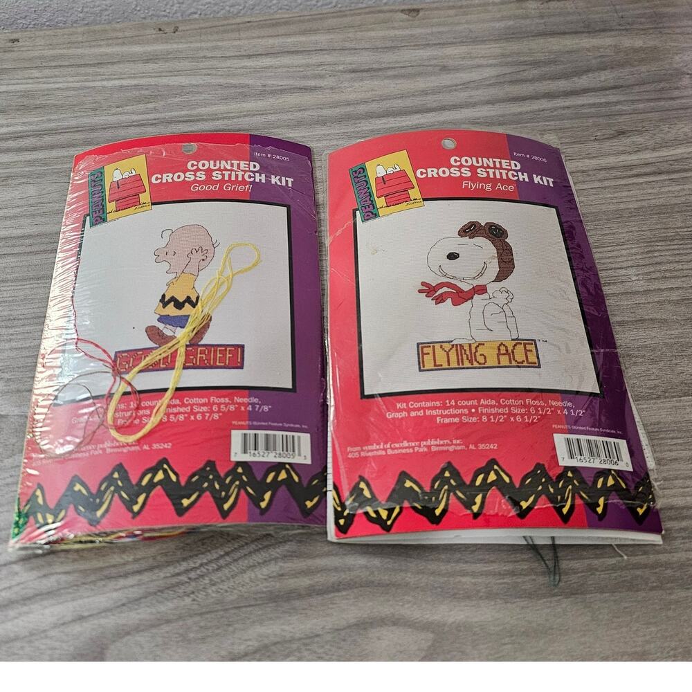 Lot of 2 Peanuts Cross Stitched Kit Snoopy Charlie Brown 1996 Complete?